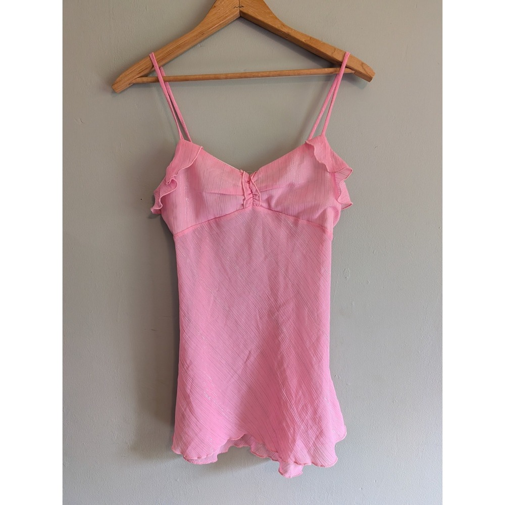 Vintage Y2K Via Vai Pink Babydoll Sheer Camisole 90's Ruffle Coquette Sparkle